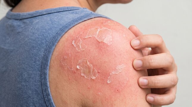 Close-up of a person's red, sunburnt shoulder with peeling skin after severe UV sun exposure.