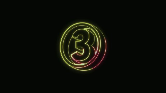 Number 3 Neon Text Seamless Loop 4K Black Background Animated Promotional Typography for Video Editing