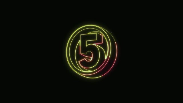 Number 5 Neon Text Seamless Loop 4K Black Background Animated Promotional Typography for Video Editing