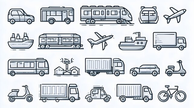 Transportation icon set. Travel and vehicle related line icons: car, bus, train, airplane, ship, truck, scooter, bicycle, traffic, delivery and more. Editable stroke. Stock Vector
