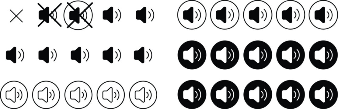 Sound volume icons in black and white with cross for mute and sound waves representing levels