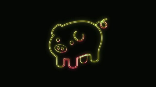  Pig Icon Neon Seamless Loop 4K with Black Background Animated Promotional Typography for Video Editing