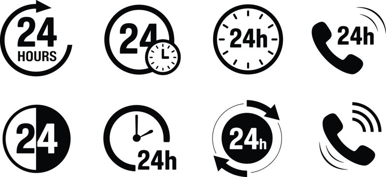 Twenty four hour service icons with clock and phone symbols in a clean graphic design