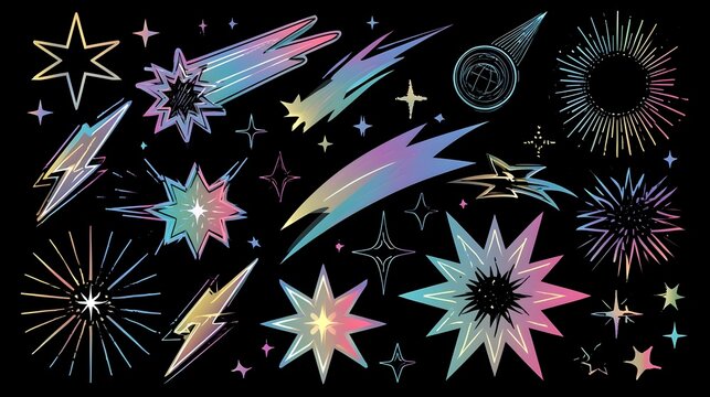 Y2K stars and Retrofuturistic symbols set with flashes, comets, and sparkles. Y2K-inspired vector pack for prints and clothing. Stylish cyber shapes and vaporwave vibe. Stars and flash. 