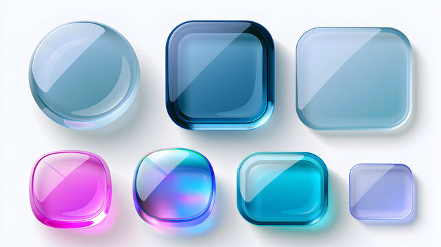 3D liquid glass buttons. Circle, square and rectangle, squircle box with glassmorphism effect and reflection. white background minimal UI app button set. Glossy glass screen interface frame. 