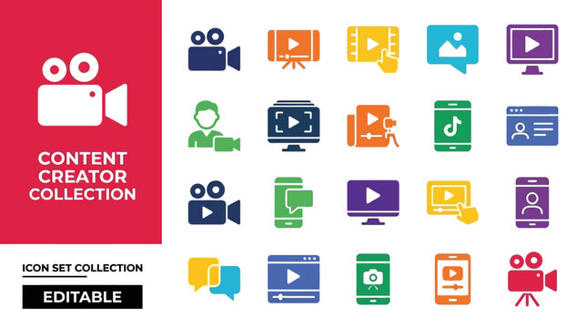 Content creator and video production flat icon collection