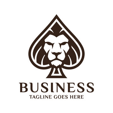 Lion head portrait inside ace of spades shape logo.