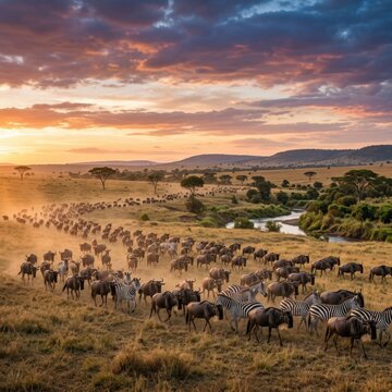 Great Migration of Wildebeest and Zebras Across the African Savanna at Sunset in Maasai Mara