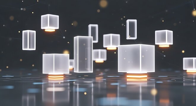 Floating translucent cubes with orange glow hover above a reflective surface, interconnected