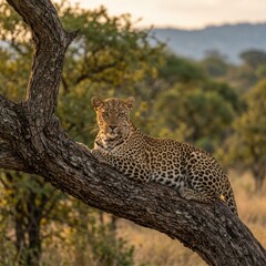Naklejka premium Majestic African Leopard Resting on a Tree Branch During Golden Hour in Savanna Wildlife Safari Park