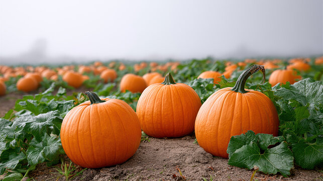 Foggy pumpkin patch with vibrant orange pumpkins, green leaves, and soft morning light creates peaceful autumn farm landscape