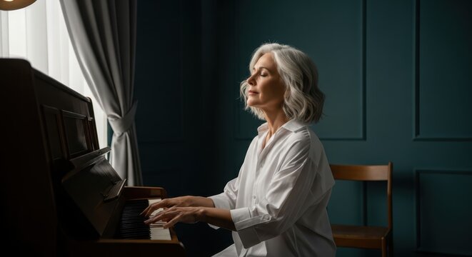Elegant Senior Woman with Grey Hair Playing Piano in a Moody Room, Serene Moment of Musical Expression and Peace