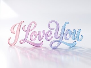 Obraz premium I Love You glass lettering in pastel pink and blue, translucent 3D script text on white background, romantic message for Valentine's Day greeting