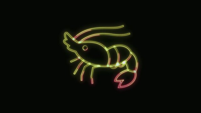  Shrimp Icon Neon Seamless Loop 4K with Black Background Animated Promotional Typography for Video Editing
