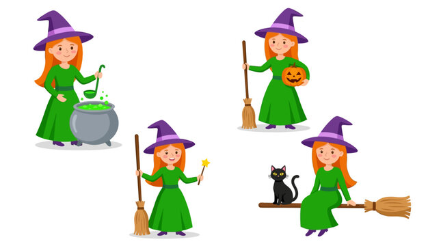 Young witch in green dress and purple hat performing magic spells and riding a broomstick for Halloween