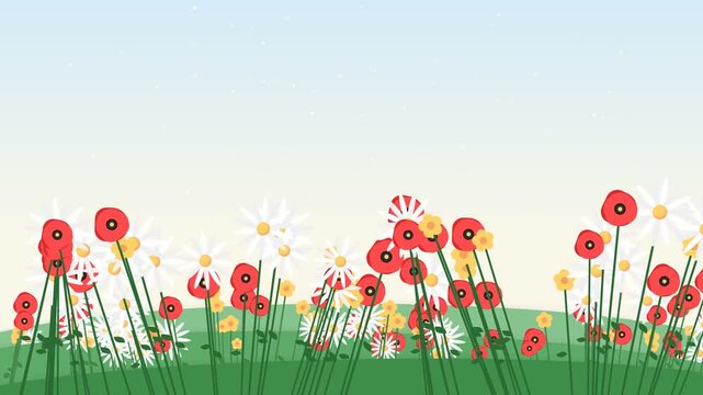 Stylized Red Poppy Meadow Illustration with White Daisy Flowers and Green Hill Background
