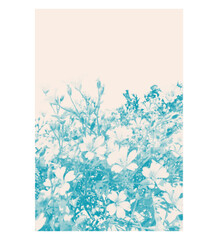 Fototapeta premium Blue cyanotype background with halftone flowers. Monochrome meadow floral dotted banner.
