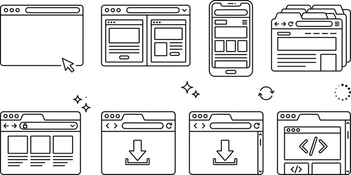 Website browser window line icon set for web design development ui wireframe internet template