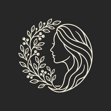 Minimalist female profile line art with floral wreath.