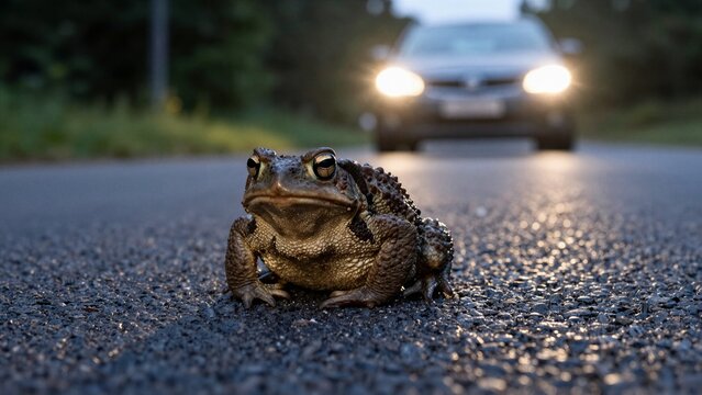 A close-up of a toad sitting on asphalt with car headlights approaching in the background, soft focus.
