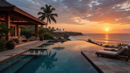 Fototapeta premium Serene tropical poolside escape at dusk featuring breathtaking ocean vistas and vibrant lush foliage