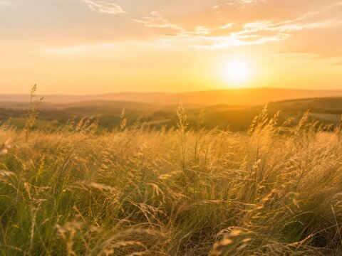 Wild grass field in golden summer evening light