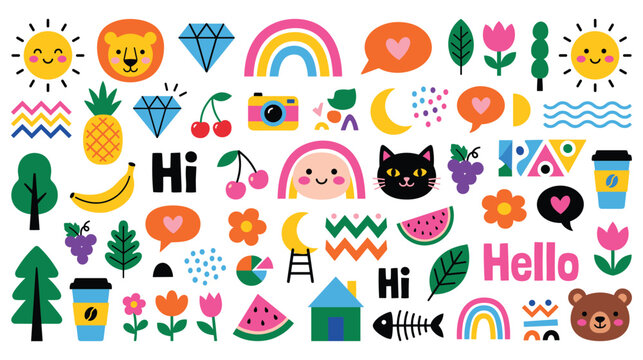 Cute cartoon icons and elements vector graphic set with sun lion rainbow and other items.