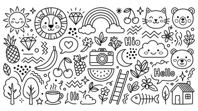 Cute doodle characters and symbols sun lion rainbow cat bear house.