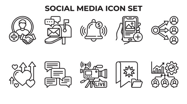 Social media icon set in thin line style, digital marketing and communication vector elements, online networking and content creation symbols