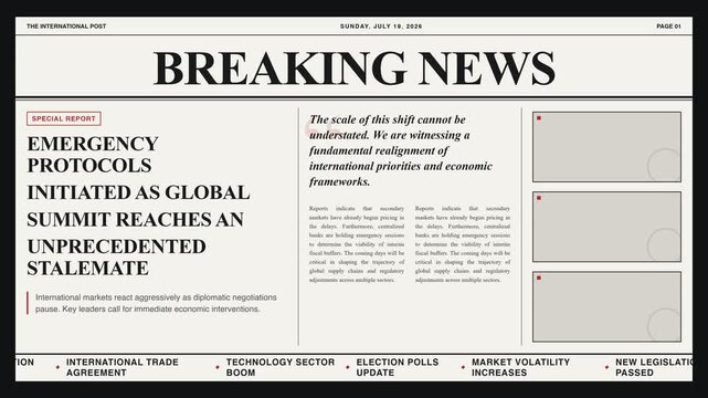 Generic Breaking News Newspaper Page with Global Economic Crisis Headline and Financial Ticker