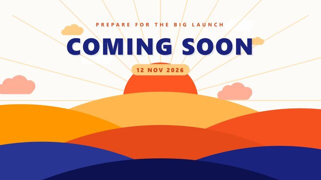Minimalist Sunrise Landscape Illustration with Coming Soon Launch Text Announcement for Business Marketing