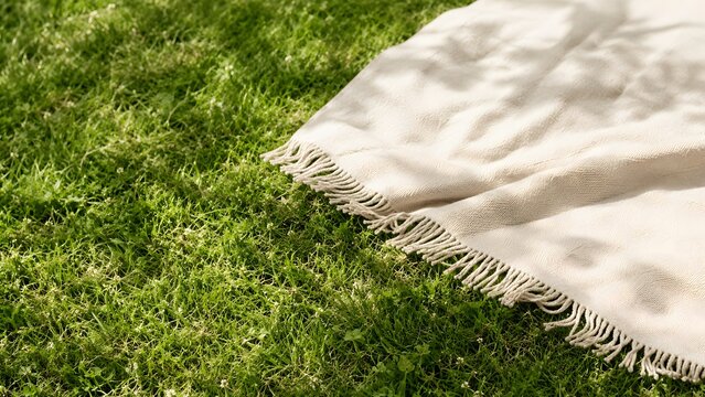Minimal picnic blanket on grass in summer daylight