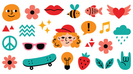 Fun doodle elements face lips bee fish heart sunglasses skateboard lightbulb. © jubayer71