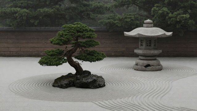 Tranquil zen garden with bonsai tree and stone lantern surrounded by raked sand patterns