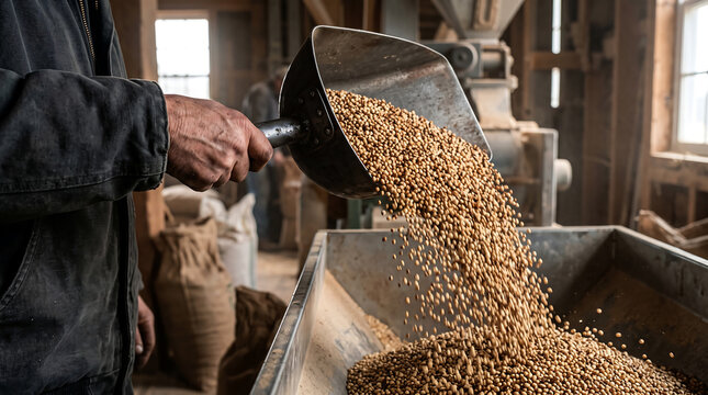 A hardworking farmers hand skillfully pours freshly harvested grains from a metal scoop into an industrial bin inside an old mill