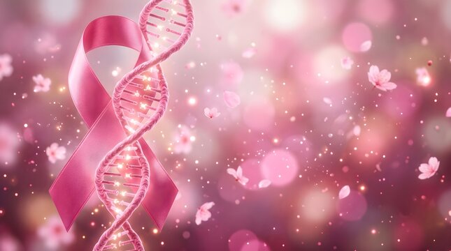 Breast cancer awareness pink ribbon with dna helix and cherry blossom background