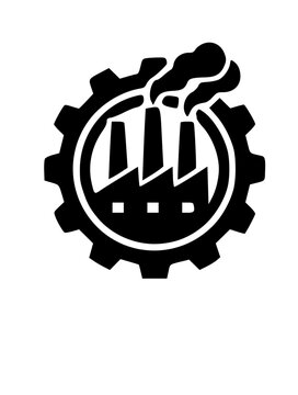 Industrial Factory Building and Manufacturing Plant Gear Logo Icon. A clean black and white vector icon showcasing a factory building with smoking chimneys enclosed within a large mechanical gear whee