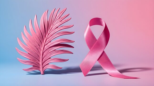 Pink ribbon and palm leaf a symbol of breast cancer awareness and hopeful resilience