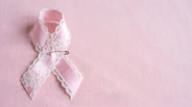 Pink ribbon with lace and safety pin on pastel pink fabric breast cancer awareness