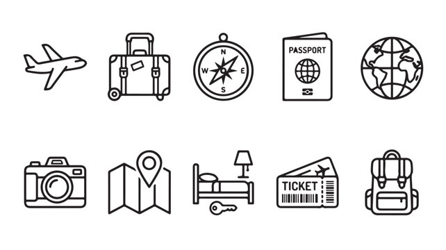 Travel icons set in thin line style, 10 tourism and vacation vector elements, minimalist outline icons for trip planning and global navigation