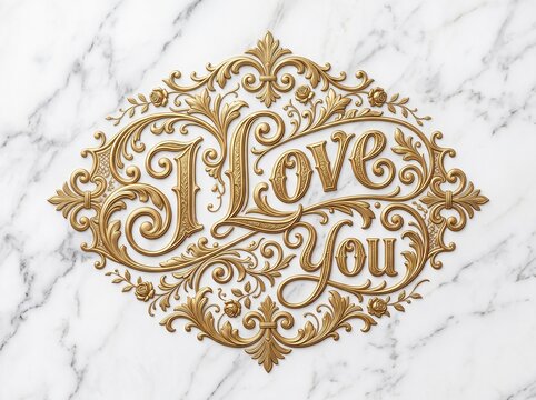 Vintage gold I Love You lettering on white marble background, ornate golden filigree typography, elegant romantic message for wedding or anniversary