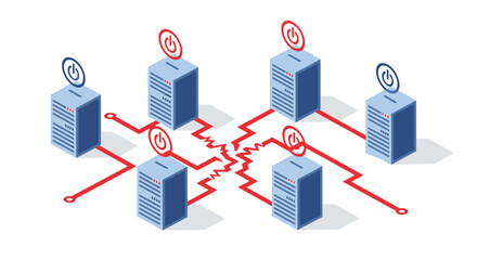 Interconnected servers with network security icons in isometric style. © Busbus