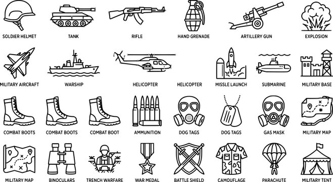 Military and War Editable Line Icon Vector Set with Soldier, Defense, Conflict, Equipment and Tactical Outline Symbols