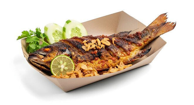 Grilled Whole Fish Ikan Bakar with Lime and Herbs on White