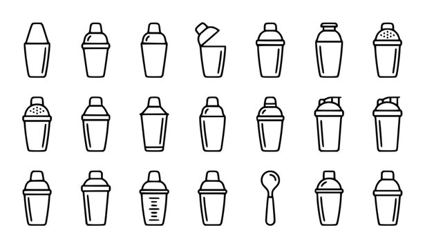 Cocktail Shaker Linear Icon Set with Beverage Mixing Symbols Vector