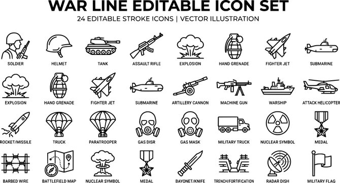 Military and War Editable Line Icon Vector Set with Soldier, Defense, Conflict, Equipment and Tactical Outline Symbols