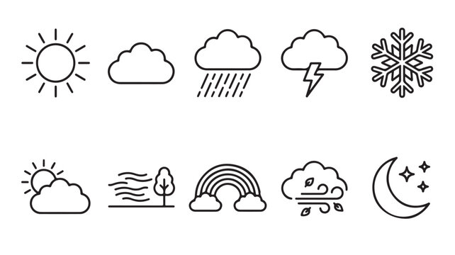 Minimalist weather icon set, 10 black line vector symbols for meteorology, modern outline weather forecast elements for mobile apps and web design