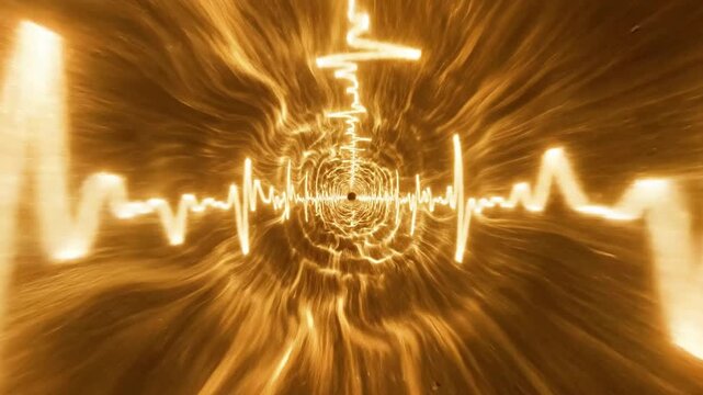Abstract golden heartbeat line forming a perspective tunnel.