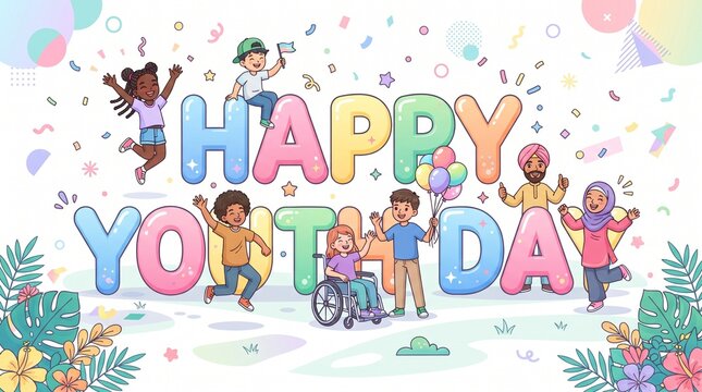 Happy Youth Day Typography with Joyful Characters