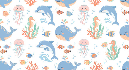 Naklejka premium Cute Ocean Animals Seamless Pattern